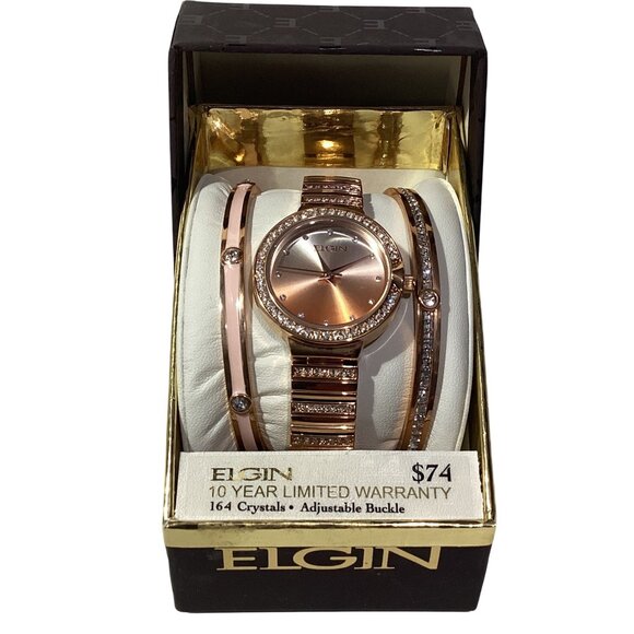 Elgin Women's Watch Bracelet Combo Gold Rose Finish 164 Crystals  New In Box - Picture 1 of 4